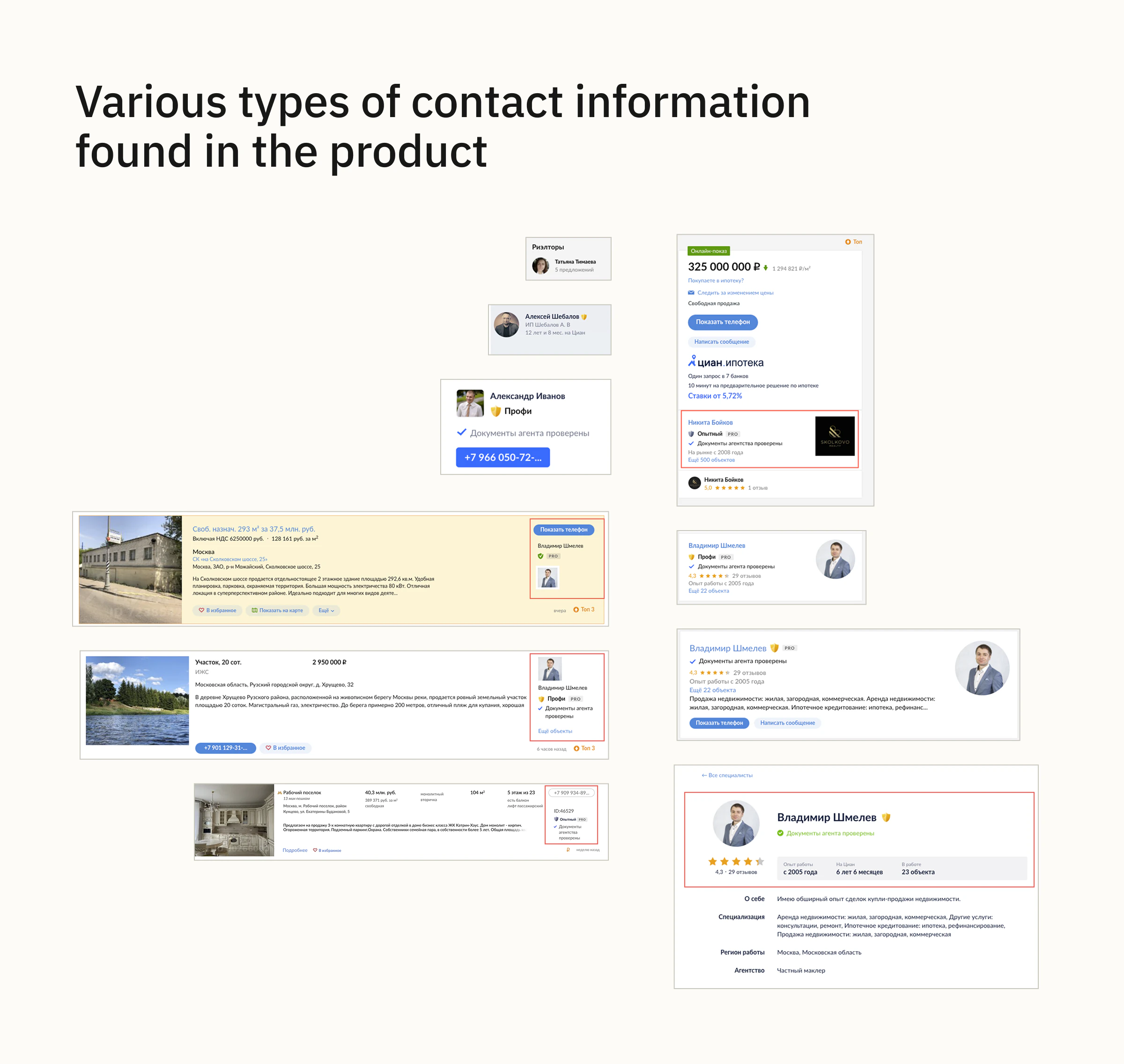 Various types of contact information found across the Cian product