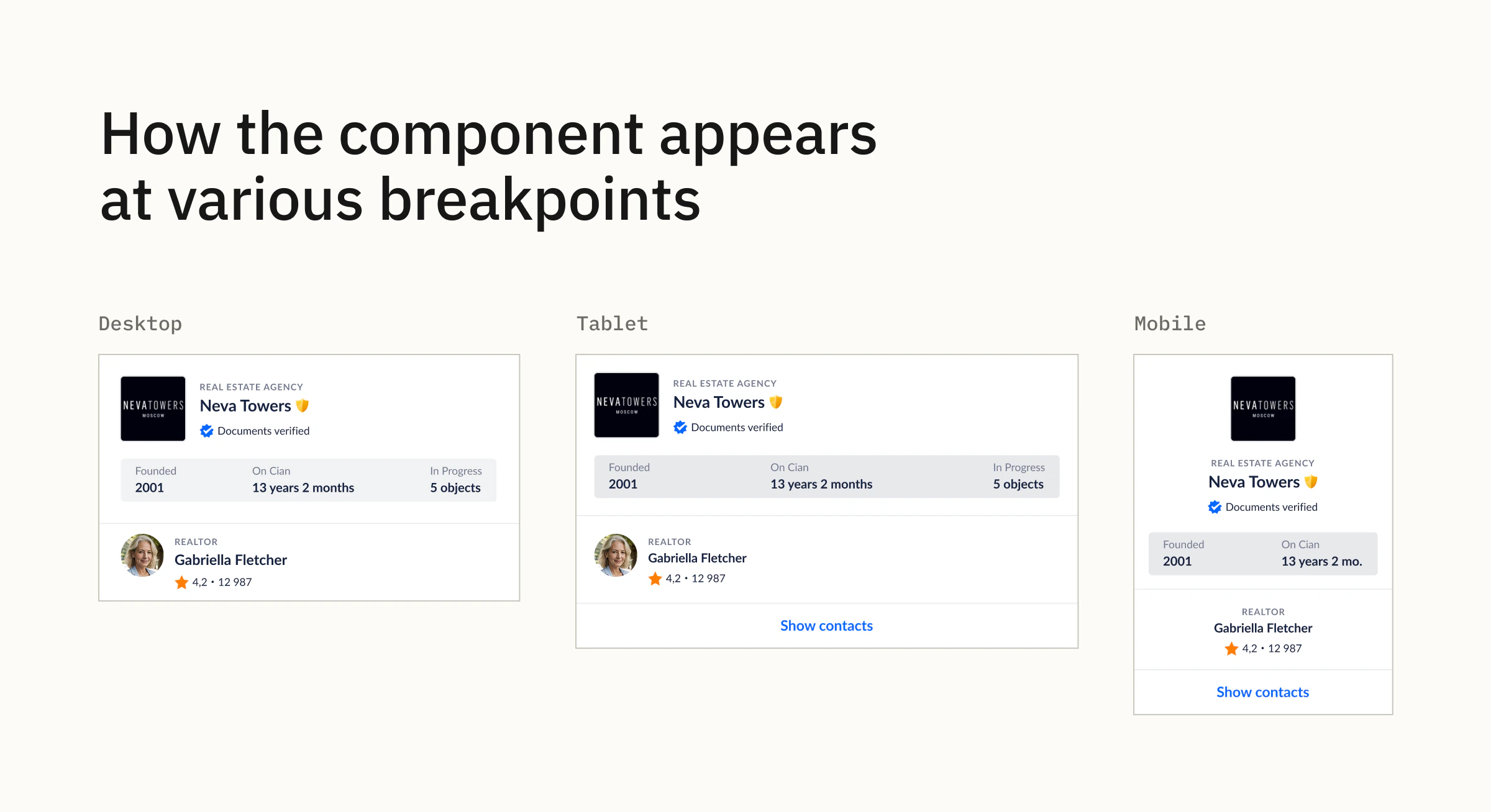 Contact Card behavior across responsive breakpoints