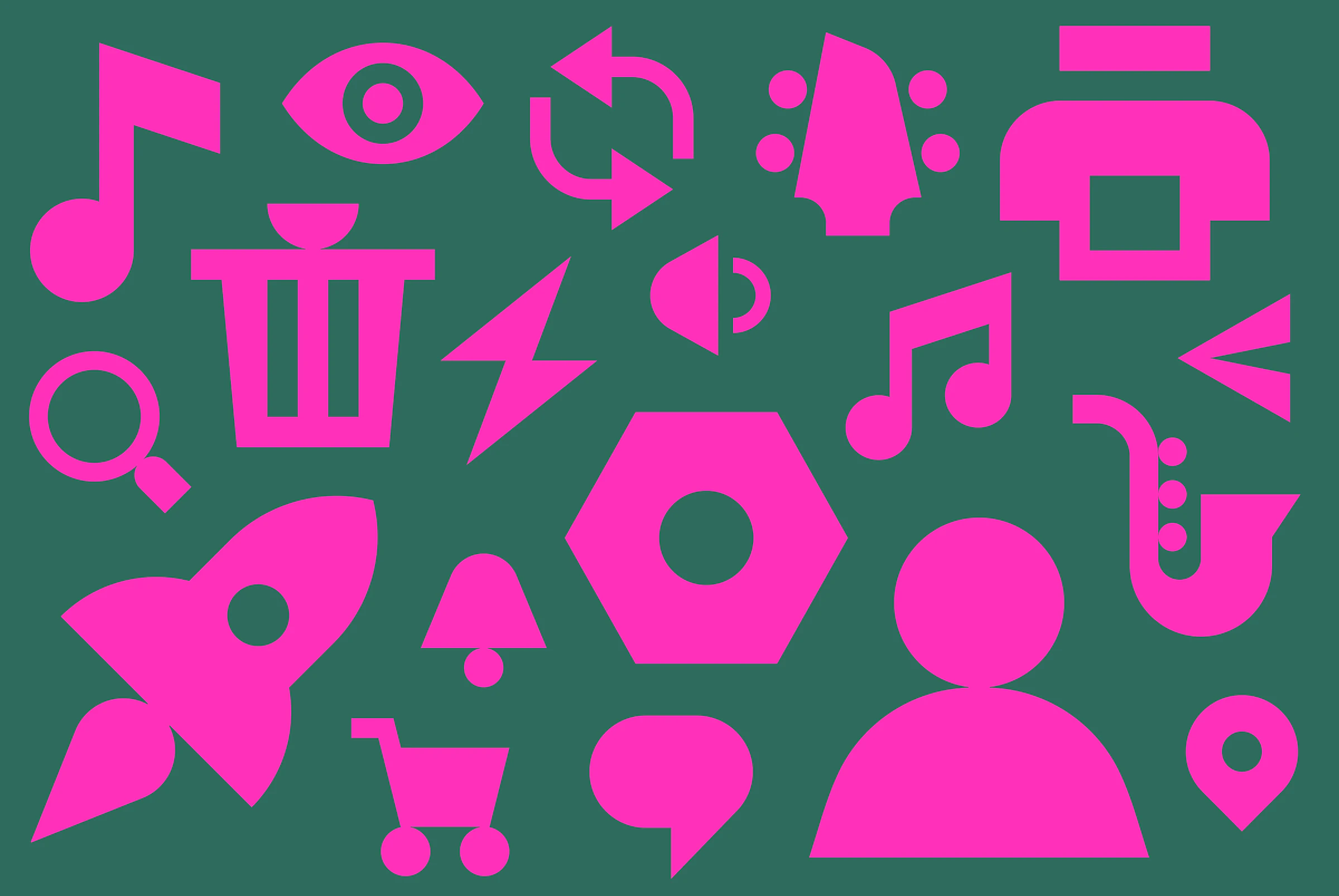 Bright pink Muse icon set on a dark green background