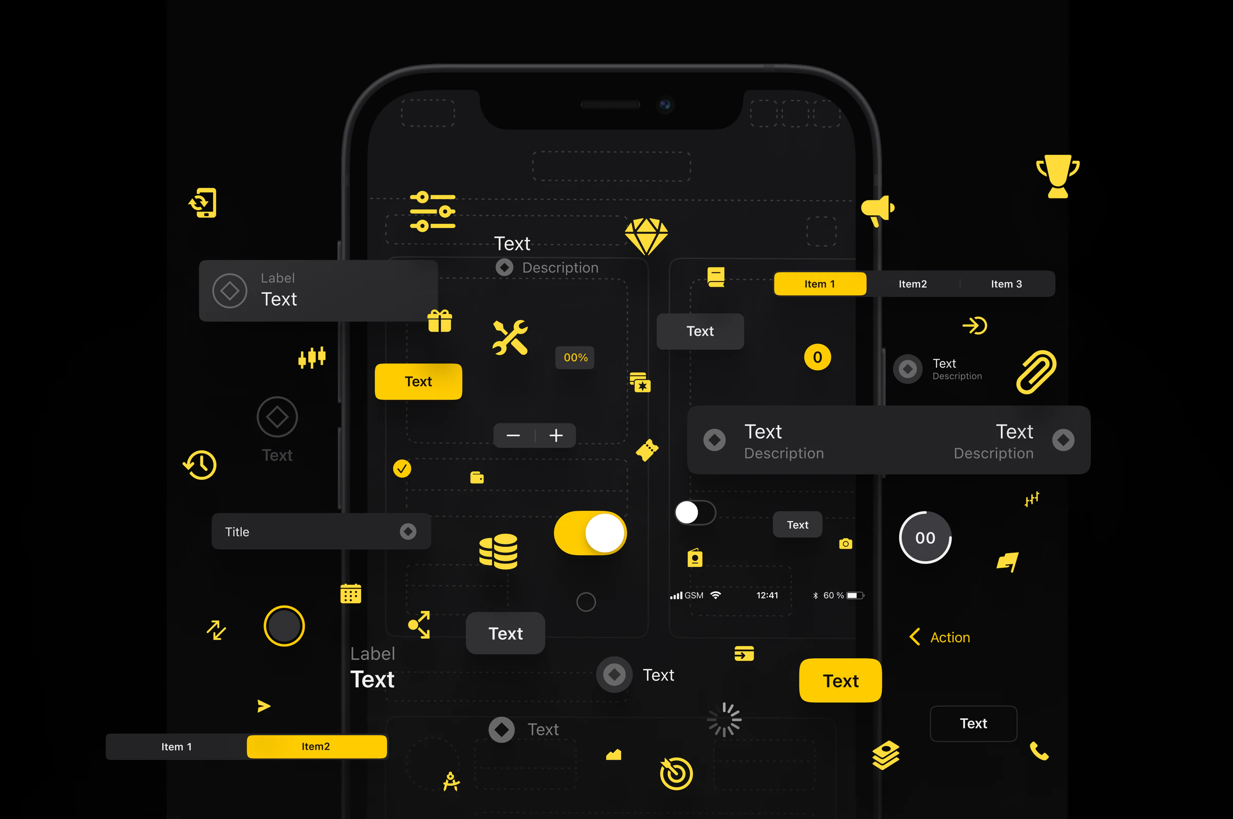 Trading product interface fragments on a black background