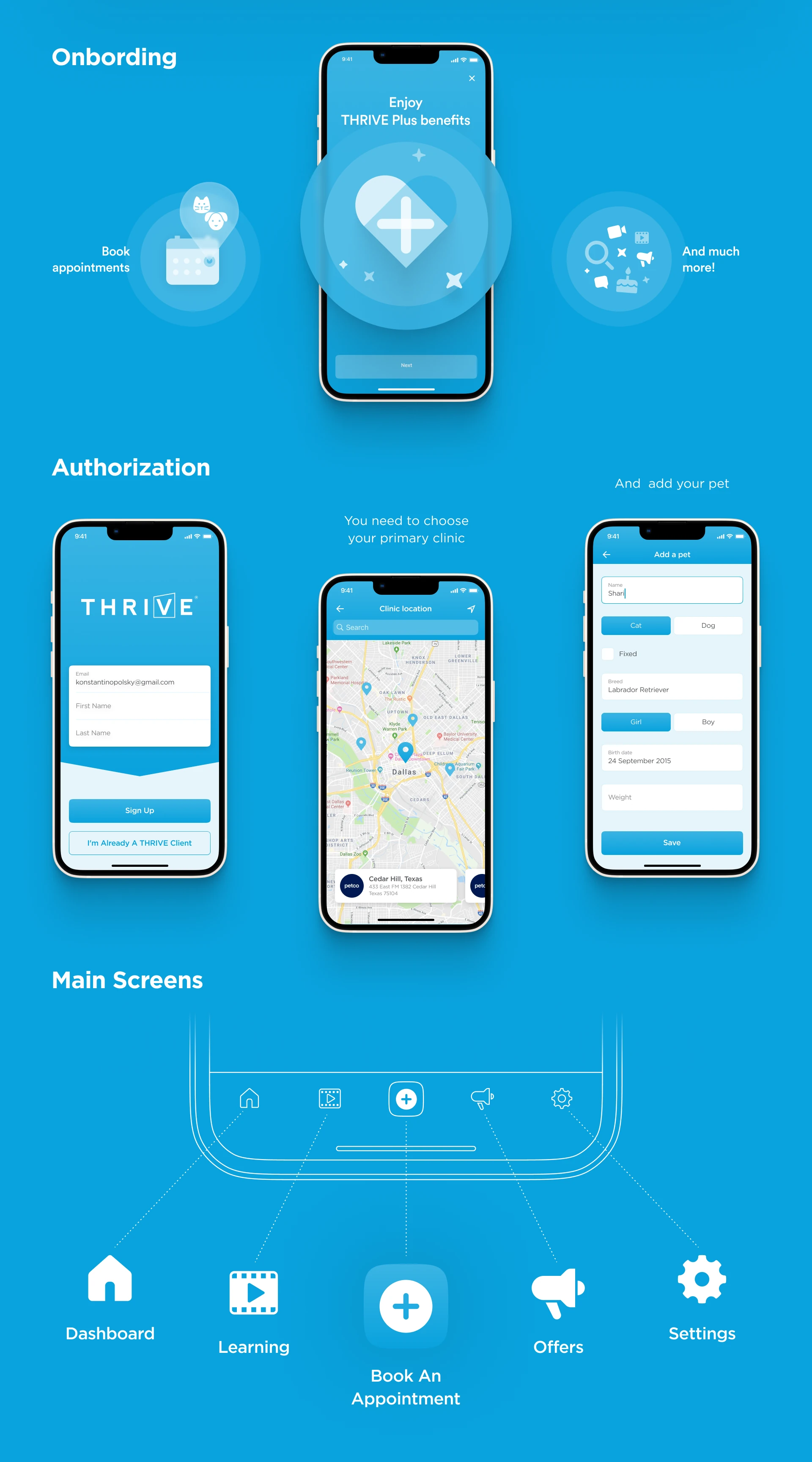 THRIVE mobile app screen architecture and core user flows